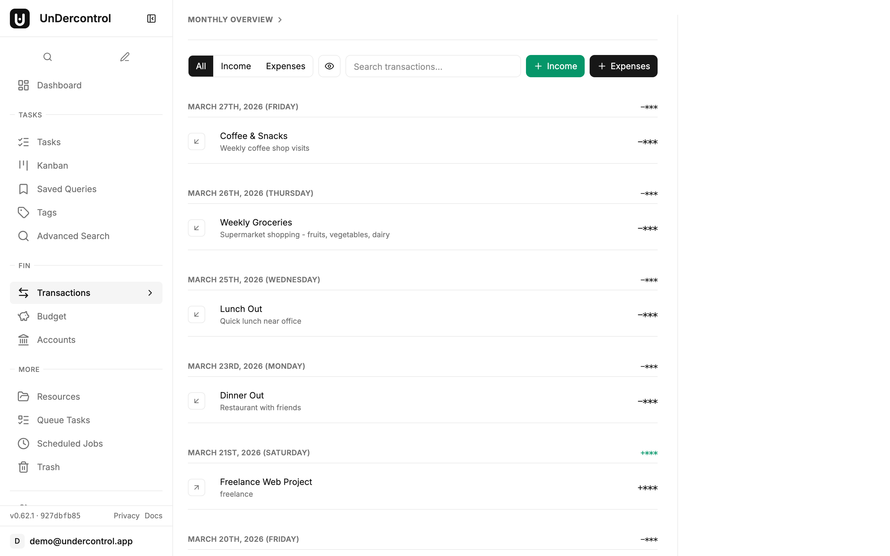 Transaction list with expense entries