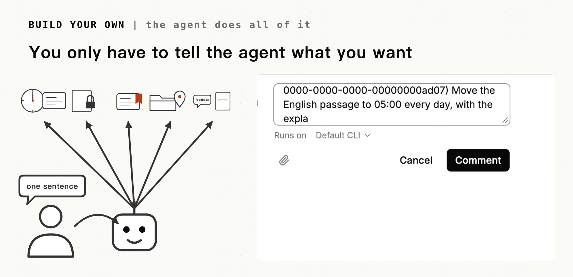 On the left, one person says one sentence and the agent touches the scheduled job, template, progress card and folder; on the right, that sentence in a comment box, asking the agent to move the English passage to 05:00 every day