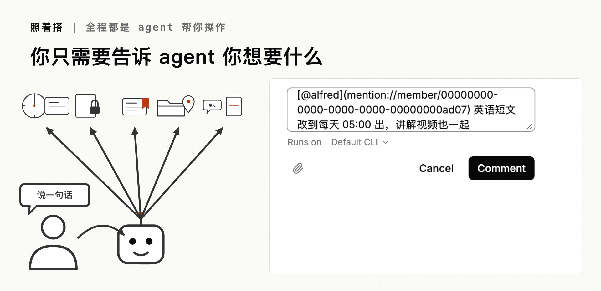左边是一个人说一句话,agent 去动定时任务、模板、进度卡、文件夹这些部件;右边是评论框里那一句话：让 agent 把英语短文改到每天 05:00 出