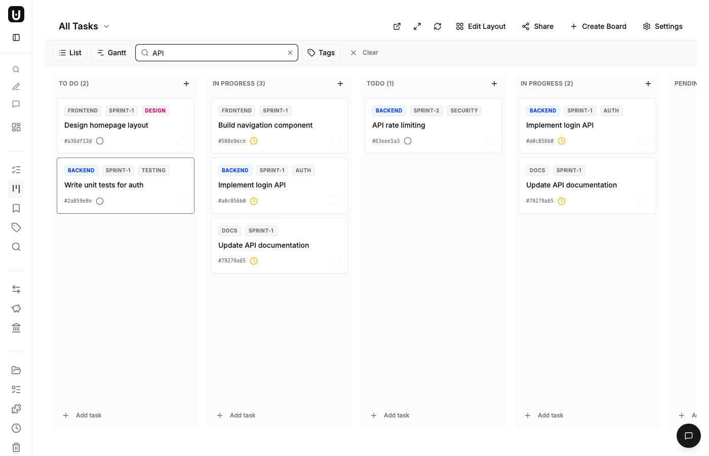 Ephemeral filter bar with search and tag filter active