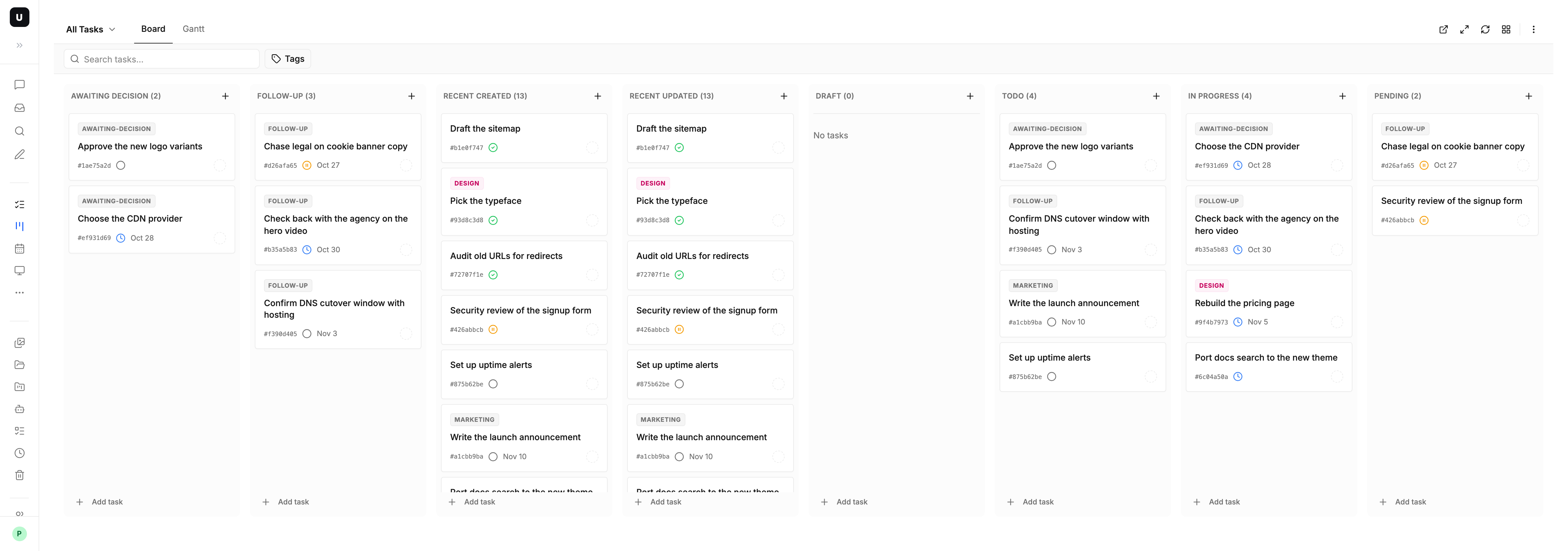 The All Tasks board; the leftmost columns, Awaiting Decision and Follow-up, are selected by tag, and the next two sort only by time
