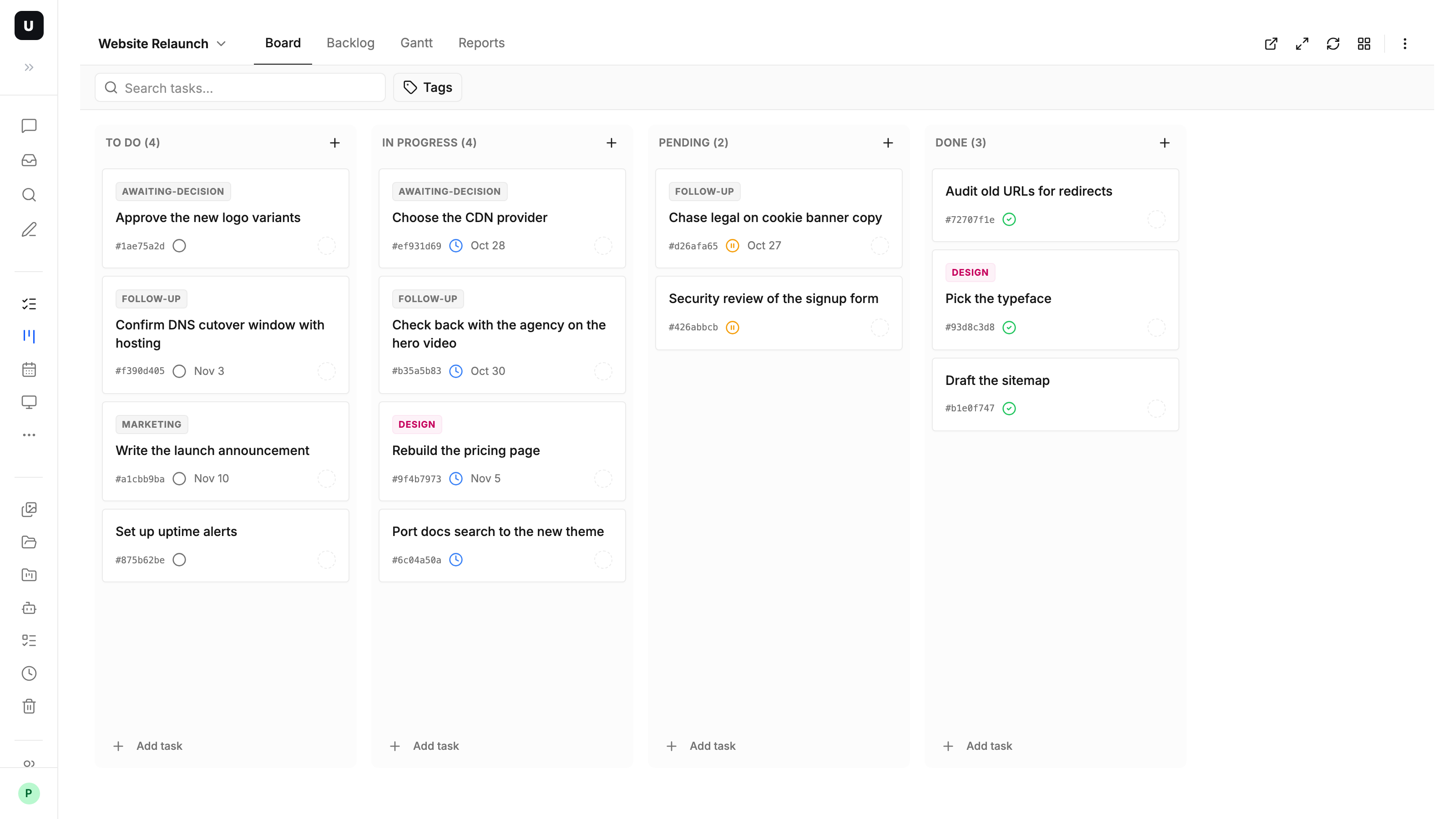 A new board: four columns split by status, To Do, In Progress, Pending and Done