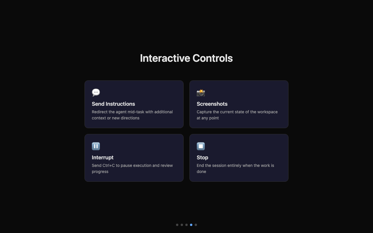 Interactive controls: send instructions, screenshots, interrupt, and stop