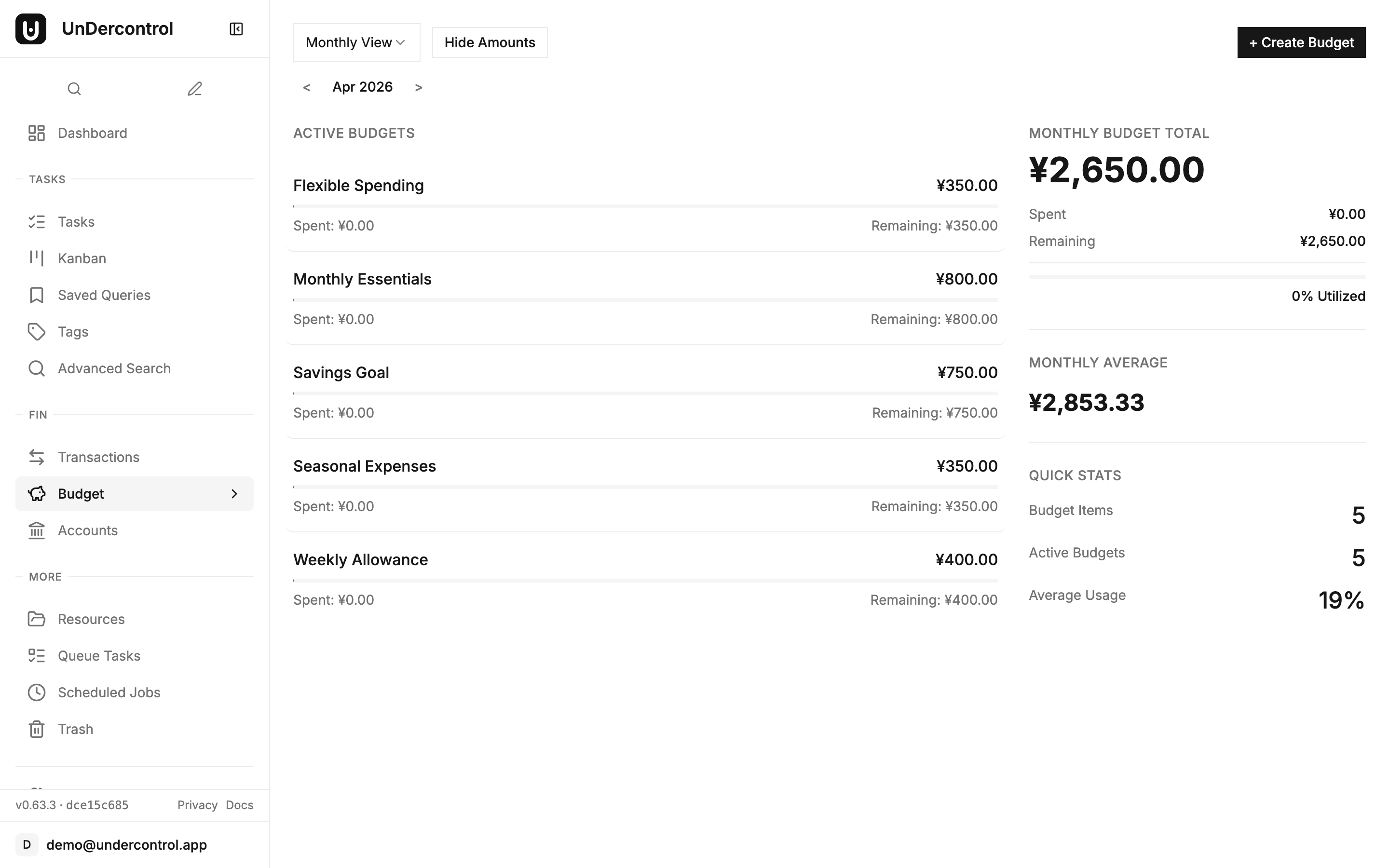 Budget overview — expense changes propagate instantly to all open views