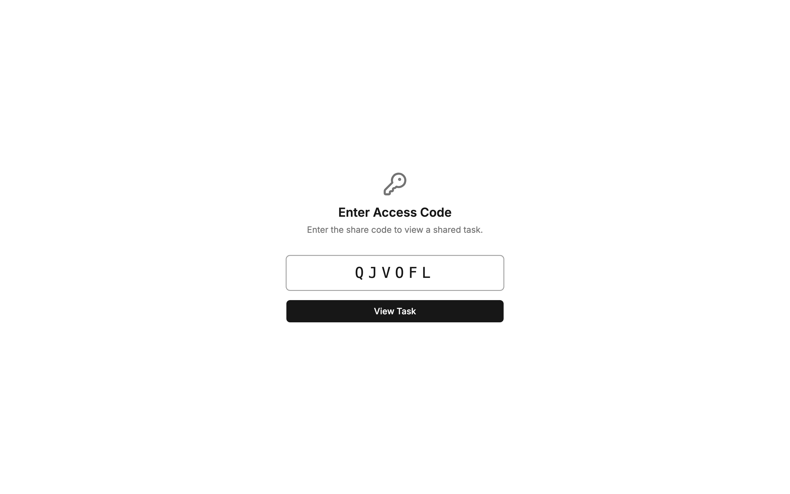 Access code entry page with large monospace input showing QJVOFL