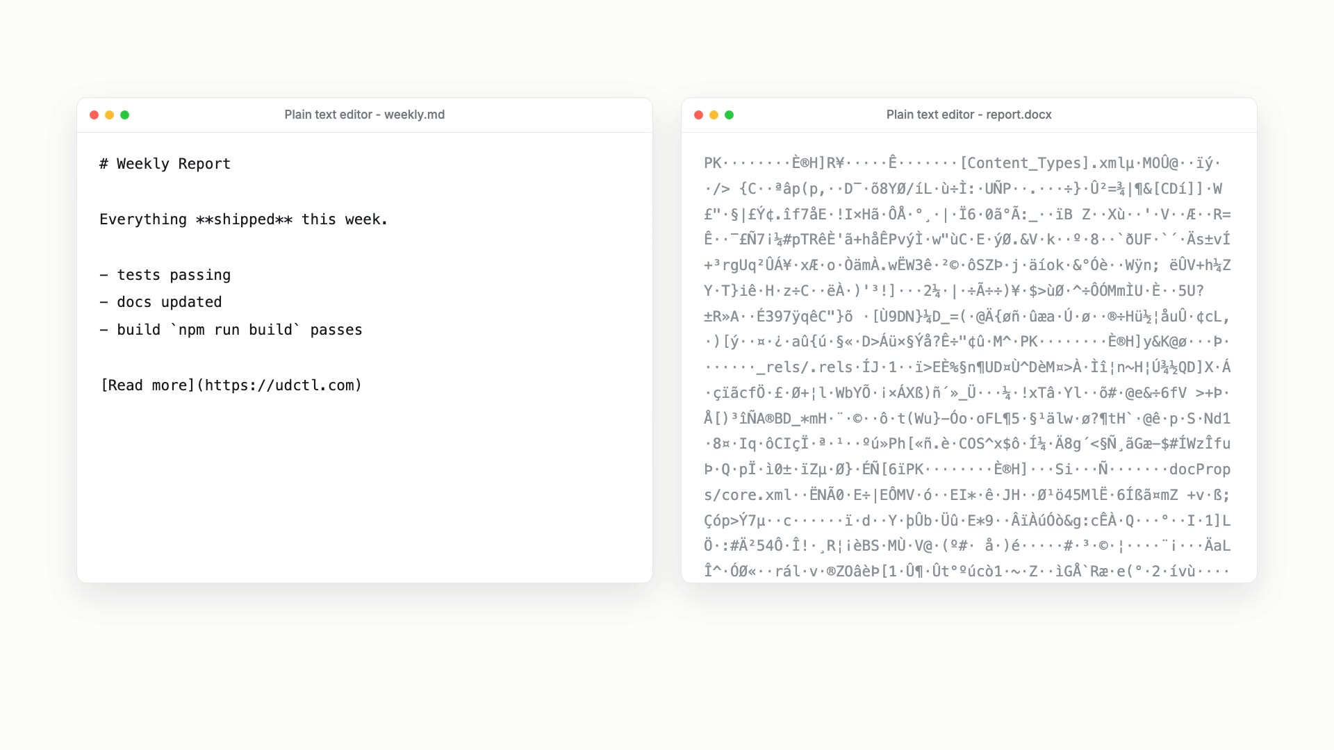 Two plain text editor windows: weekly.md on the left reads normally; report.docx on the right is a screen of garbage