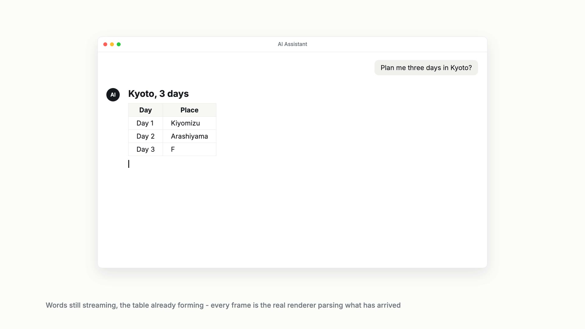 An AI assistant streaming a three-day Kyoto plan: the text is still arriving, and the table already has its header and two rows