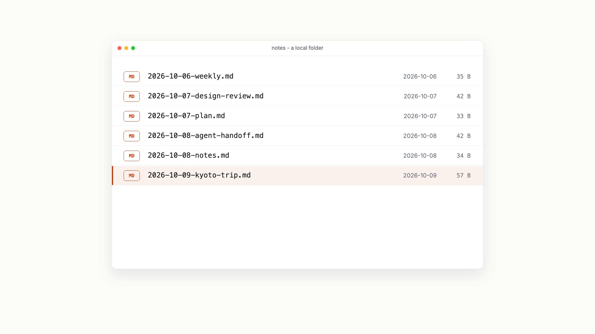 A local folder called notes holding six .md files named by date, the newest being 2026-10-09-kyoto-trip.md